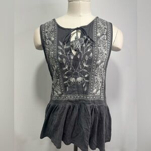 Lucky Brand Embroidered Peplum Sleeveless Boho Festival Top Gray Tank Top size M